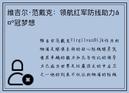 维吉尔·范戴克：领航红军防线助力夺冠梦想